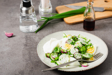 Salad with cucumber, radish and egg.
