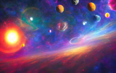 This is a dreamy psychedelic solar system. The sun is orange and red, with planets in different colors orbiting around it. Some of the planets are close together, while others are further away. There'