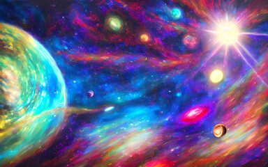 The dreamy, psychedelic solar system is a beautiful sight. The colors are so bright and vibrant that they almost seem to be alive. Each planet is unique and fascinating, and the whole scene looks like