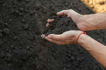 The soil is in the hands of a man. Selective focus.