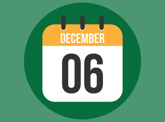 6 December green calendar vector. Calendar december with circle in background clear.