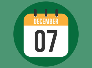 7 December green calendar vector. Calendar december with circle in background clear.