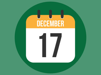 17 December green calendar vector. Calendar december with circle in background clear.