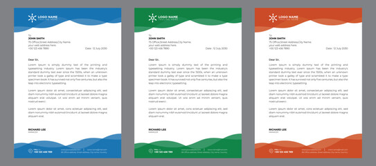 corporate modern abstract creative professional editable business letterhead template with orange, blue, and green colors, office letterhead set in flat style.