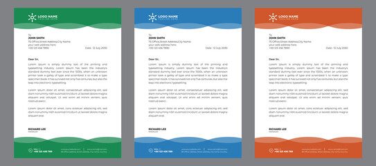 corporate modern abstract creative professional editable business letterhead template with orange, blue, and green colors, office letterhead set in flat style.