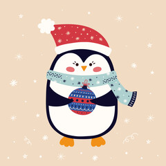 cute baby penguin poster with christmas ball vector illustration