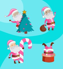 winter illustration with Santa Claus, Christmas tree, lollipop, bag of gifts, pink color cap, symbol of the new year, on a turquoise background.