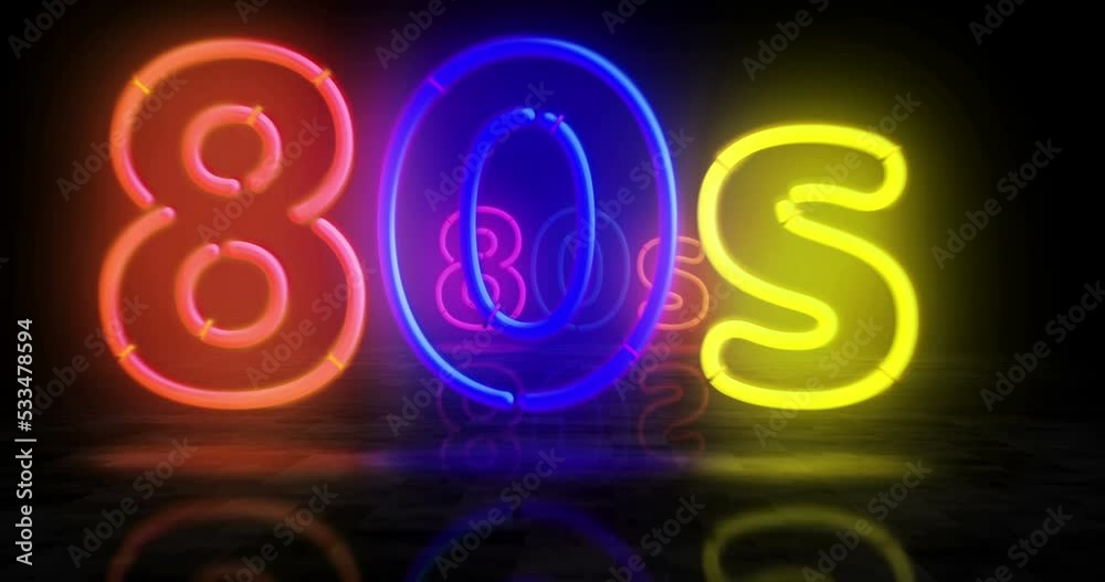 Poster 80s neon symbol. Light color bulbs. Retro 1980, eighties nostalgia and vistage party style abstract seamless and loopable concept. 3d flying through the tunnel animation.