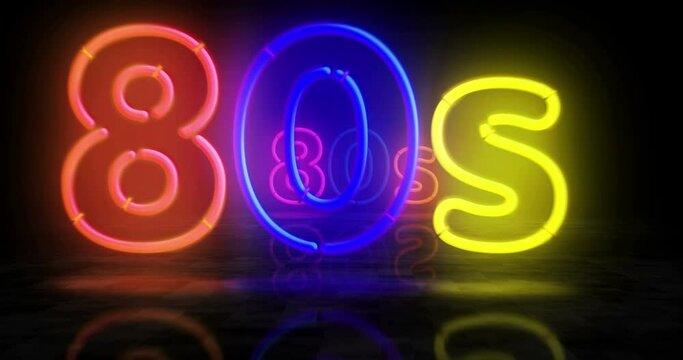 80s neon symbol. Light color bulbs. Retro 1980, eighties nostalgia and vistage party style abstract seamless and loopable concept. 3d flying through the tunnel animation.