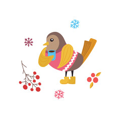Illustration with a cute Christmas bird in winter accessories - hat, scarf, boots.