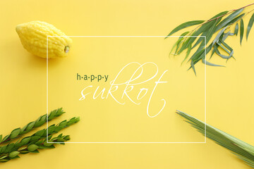 Jewish festival of Sukkot. Traditional symbols (The four species): Etrog (citron), lulav (palm branch), hadas (myrtle), arava (willow) © tomertu