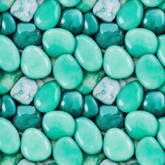 Stone background, polished stones seamless pattern, sea stones, teal green, different shapes, 3d illustration