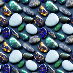 Colorful polished stones background, stones seamless pattern, sea stones, beautiful gems, different shapes, 3d illustration