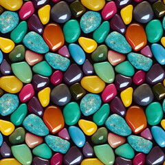 Colorful polished stones background, stones seamless pattern, sea stones, beautiful gems, different shapes, 3d illustration