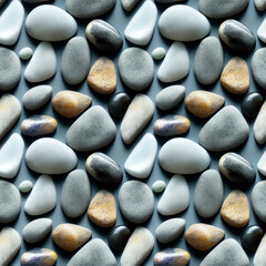 Fototapeta na wymiar Natural polished stones background, stones seamless pattern, sea stones, different shapes, 3d illustration