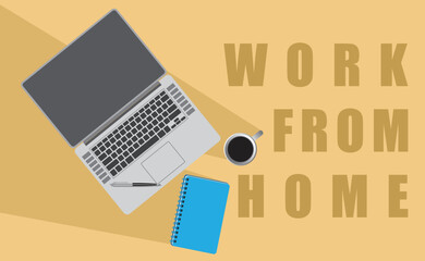 Work from home with laptop, stationery and a cup of coffee