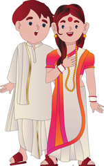 A young Indian Bengali Assamese married couple dressed in red and white ethnic Indian dress and smiling