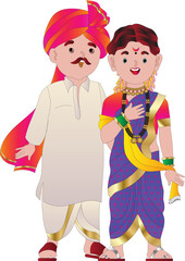 a young Indian Maharashtrian married couple dressed in ethnic Indian dress and smiling