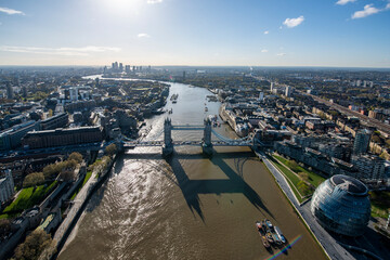 Aerial view of Tower Bridge and the River Thames, London