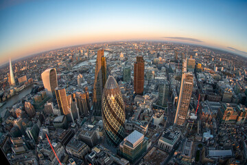 Aerial view of the City of London at sunrise