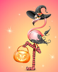 Cartoon pink flamingo in shiny witch Halloween costume with funny socks and pumpkin with scared face