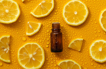 Bottle of cosmetics and drops of liquid, moisturizing lemon. Hyaluronic acid. Selective focus.