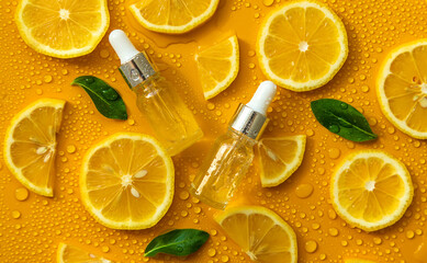 Bottle of cosmetics and drops of liquid, moisturizing lemon. Hyaluronic acid. Selective focus.
