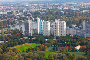 Obraz premium Modern highrise buildings in Vienna . Vienna District in Kaisermuhlen . Modern European city view from above 