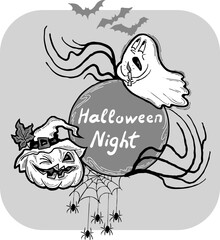 Halloween vector frame. Hand drawn scary and funny cartoon characters. Design for party invitation, store sale, seasonal discount banner, greeting card, background, poster print, decorative elements.