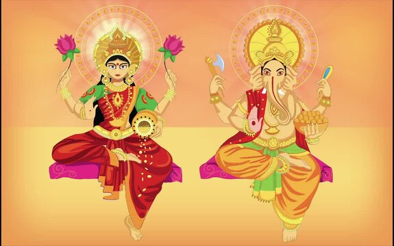 Laxmi Ganesh 4k Animated Video, Diwlai Puja - Chakra in background to Indian God Ganesha and Lakshmi idol murti. It's Created by Vishal singh