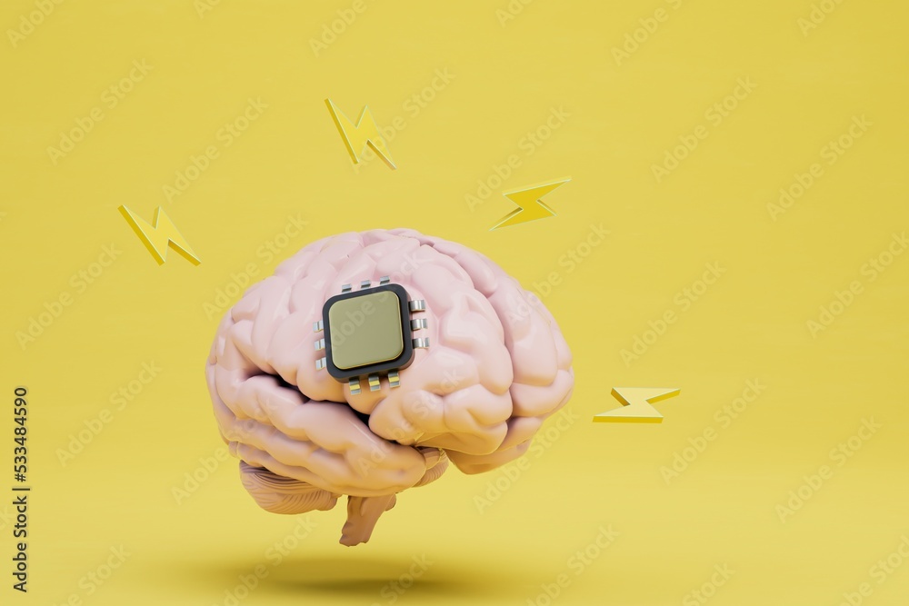 Poster a microchip working in the brain. a brain with a chip around which lightning bolts on a yellow backg