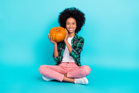 Photo of positive child lady sit floor hold little orange pumpkin wear checkered shirt isolated teal color background