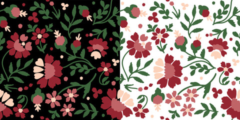Set of seamless patterns with stylized ukrainian folk floral elements on colored background. Ethnic ornament based on embroidery tradition. Can be used for decoration, surface design and wrapping