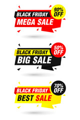 Black friday origami sale labels set. Mega Sale 90%, Big Sale 50%, Best Sale 70% off discount