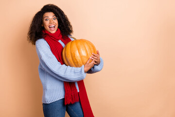 Photo of cute young curly lady hold pumpkin wear blue pullover eyewear red scarf isolated on beige background