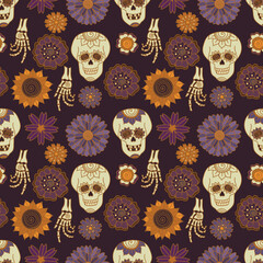 Seamless pattern with skulls and autumn flowers on purple background. Hand drawn Bohemian Halloween vector texture. Repeating pattern with bones and sunflowers.