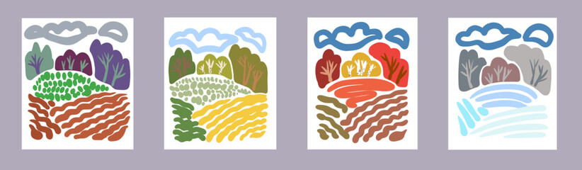 Set of posters for winter, spring, summer and autumn. Cute vector illustration of four seasons.