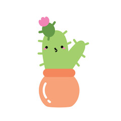 A cute cactus with a funny face. Cactus with a pink flower in a round pot. Children's drawing of a cactus. Cute print, design element for postcard, stickers, stickers, tattoos, book illustrations