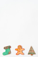 Christmas patter with sock, gingerbread man cookie and christmas tree