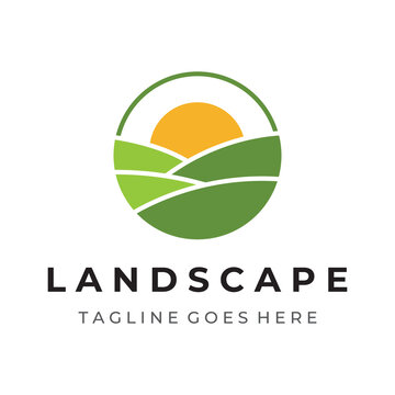 Green landscape logo creative template design with farmland or plantations and hills.Logo for natural and agricultural products.