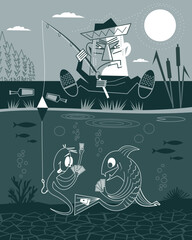 A disgruntled fisherman is fishing. Vector illustration. Caricature.