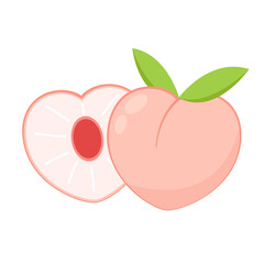 Peach cartoon vector. Doodle peach with leaves icon. Peach fruit in shape of heart isolated on white background. Farm, natural food, fresh fruits.