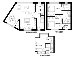 Black and white house floor plan, blueprint. House apartment with furniture. Floor plan of an apartment building. Unusual floor plan