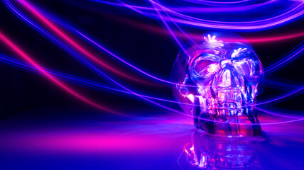 Neon light skull on a dark background. Halloween background. Futuristic light lines, bokeh.