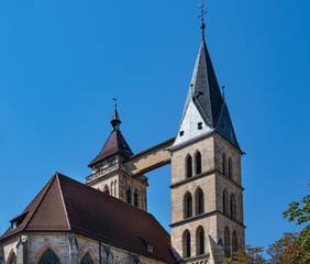 Fototapeta na wymiar The steeples of the St. Dionysius church (Stadtkirche St. Dionys), Esslingen (Esslingen-am-Neckar), Baden-Wurttemberg, Germany, Europe