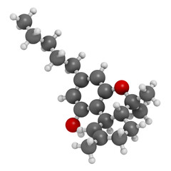 THC (delta-9-tetrahydrocannabinol, dronabinol) cannabis drug molecule. 3D rendering.
