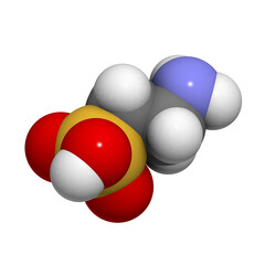 Taurine (2-aminoethanesulfonic acid) molecule. Common ingredient of energy drinks and nutritional supplements.