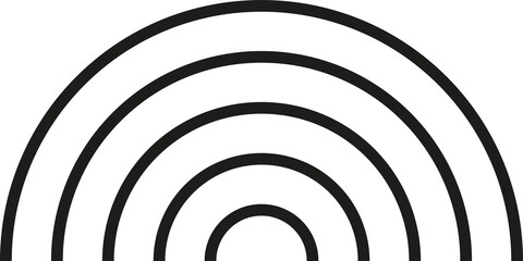 Concentric half circles. Black outlined ring shapes. Isolated png illustration, transparent background. Asset for overlay, montage, collage, presentation. 