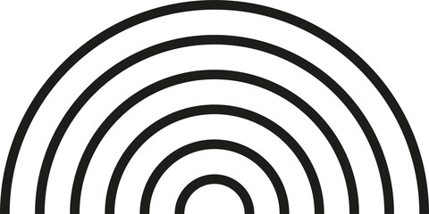 Concentric half circles. Black outlined ring shapes. Isolated png illustration, transparent background. Asset for overlay, montage, collage, presentation. 