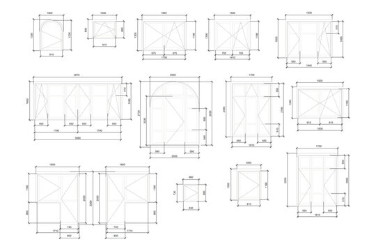 Architectural specification of different window casements, vector blueprint
